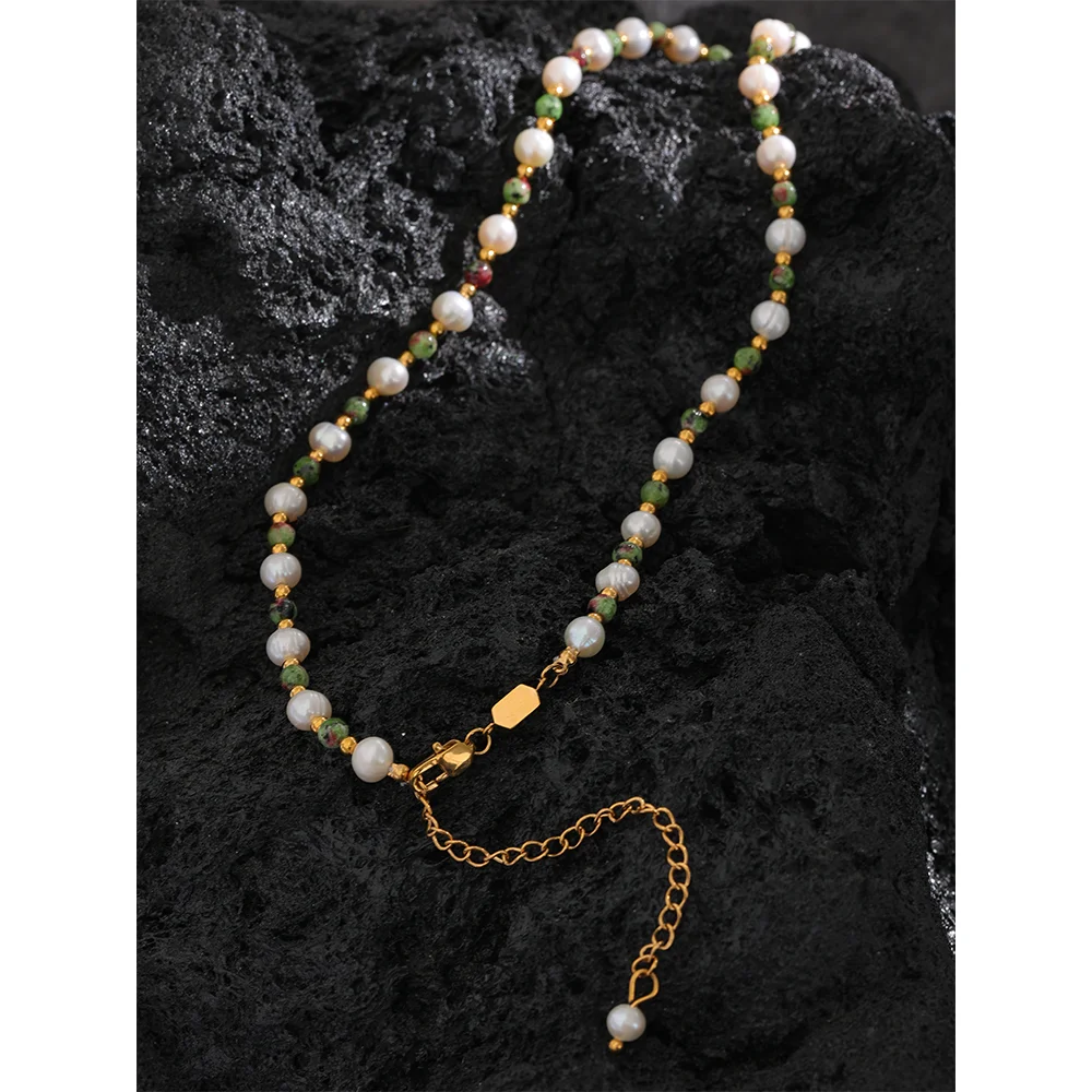 Yhpup Natural Epidote Stone Freshwater Pearls Handmade Stainless Steel Beads Collar Necklace Women\'s Charm Healing Jewelry Gift