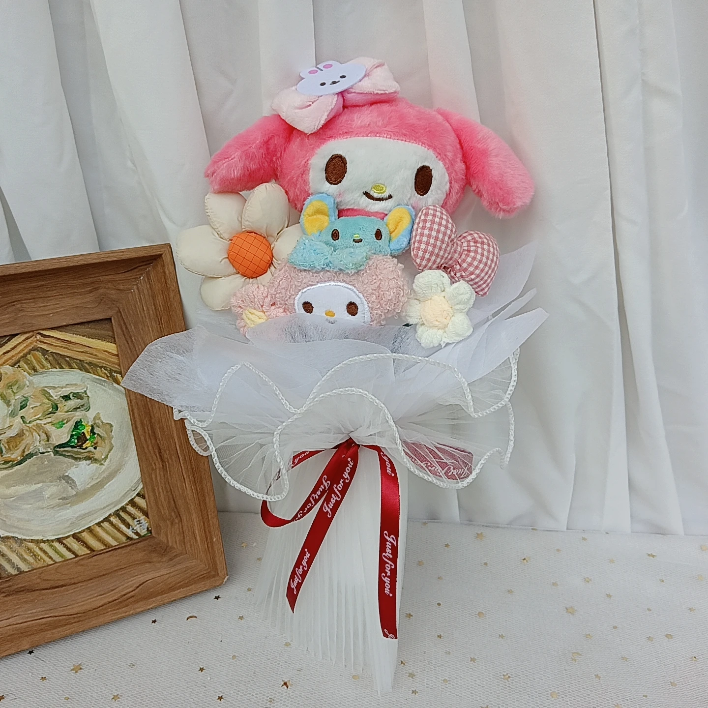 MINISO Christmas Gifts Hello Kitty Kuromi My Melody Cinnamoroll  Plush Toy With Bow Bouquet Anime Valentine's Day Wedding Party