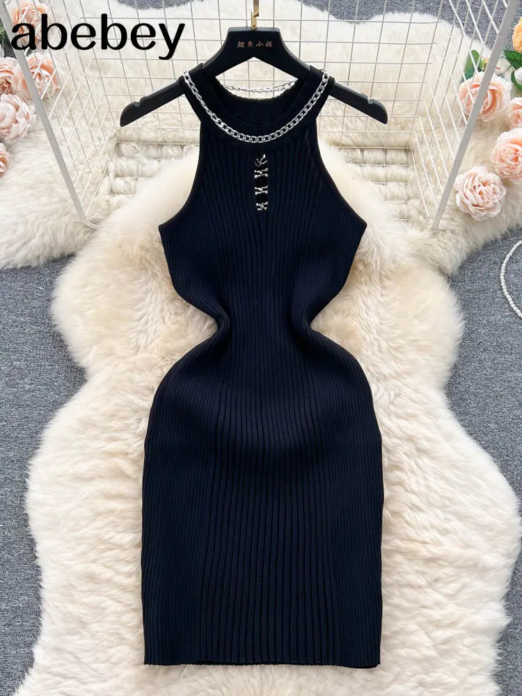 2023 Chian Halter Summer Knit Sexy Strap Dress Women Tank Elatic Waist Bodycon Sundress Female Beach Backless Short Mini Dress