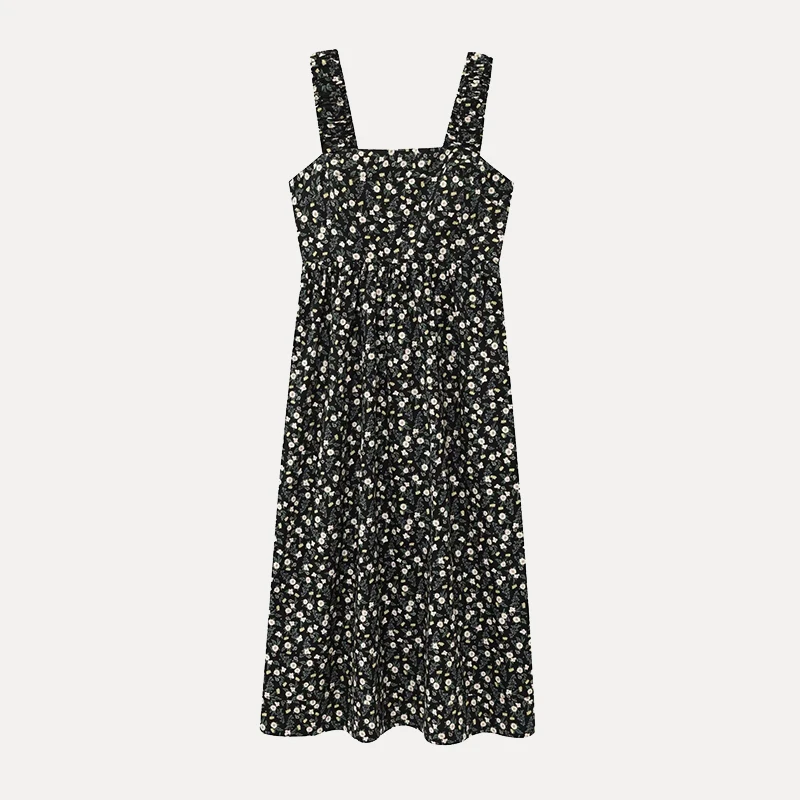 우아한 플로럴 프린트 미디 드레스 벨 슬리브 스퀘어 칼라 여성 스타일 봄 여름 가을 시즌 폴리에스터 섬유