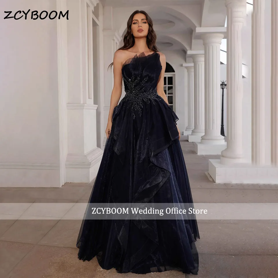 Luxury Navy Blue Strapless Tulle Appliques A-Line Formal Evening Dresses 2024 Sleeveless Floor Length Party Prom Gowns For Women