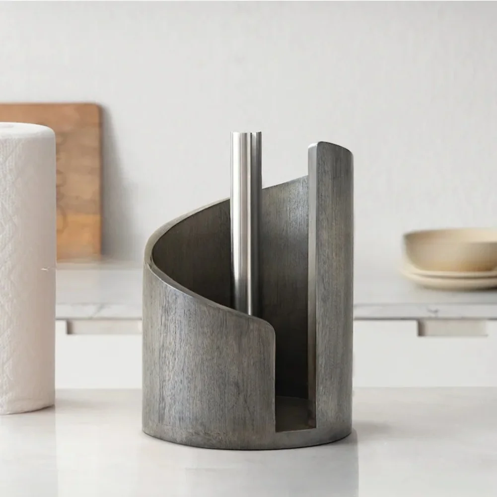 Countertop Paper Towel Holder with Wood Base and Metal Rod for Kitchen Use Holds Large Paper Towel Rolls 11 5 8 25