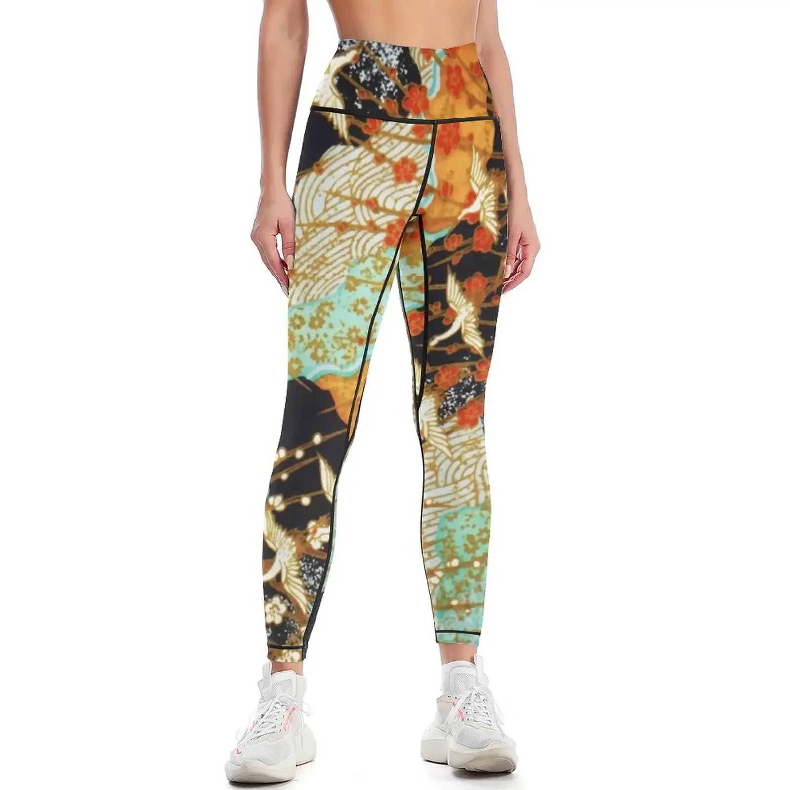 

FLYING CRANES AND SPRING FLOWERS Antique Japanese Floral Leggings Sweatpants Fitness woman Jogger pants Womens Leggings