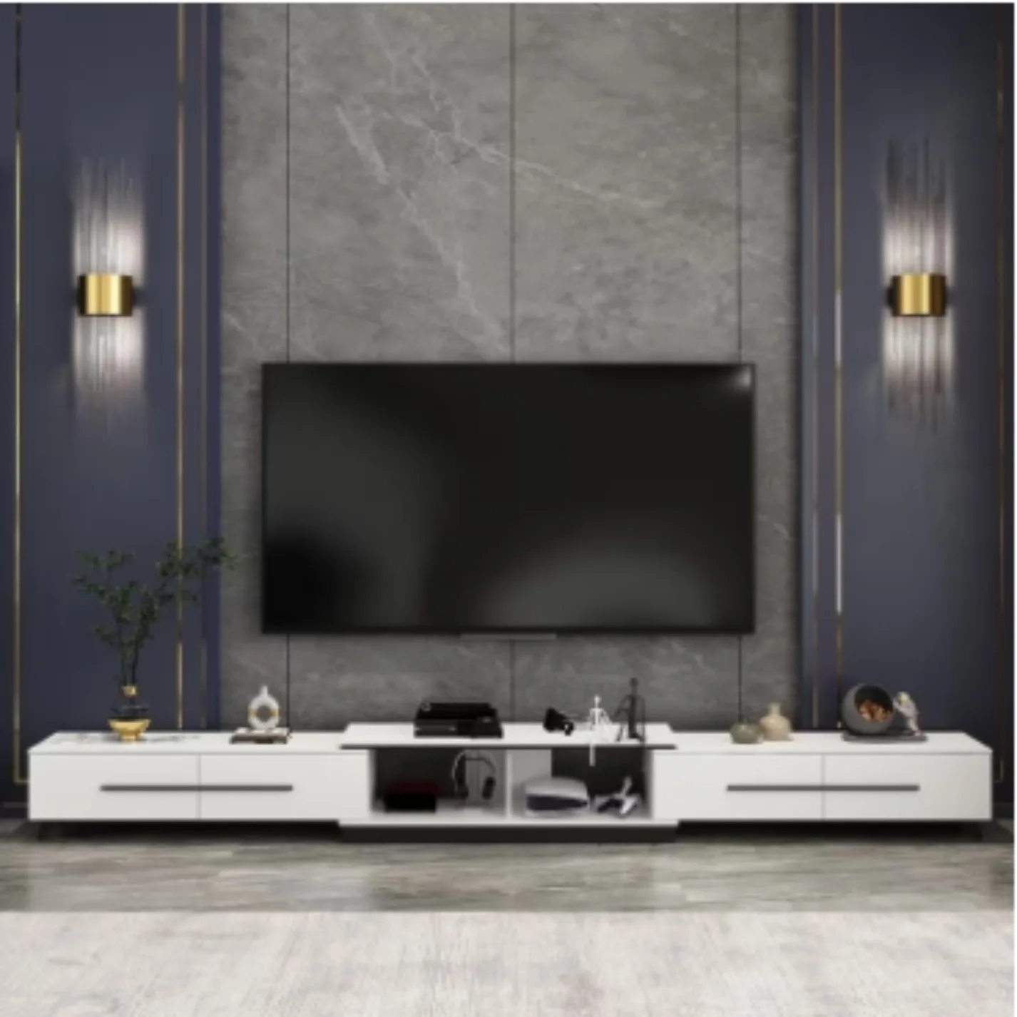 US Modern Wood White TV Media Console Entertainment Center with Adjustable Length and Drawers Fits TV\'s up to 100 in.