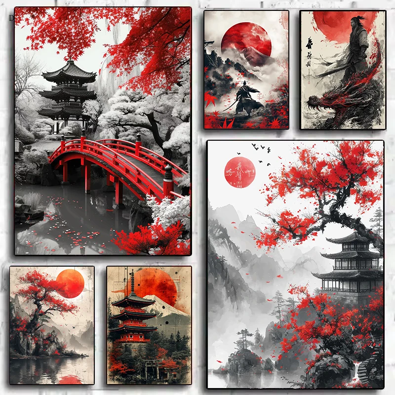 Samurai Warrior Red Moon Canvas Painting Japanese Natural Landscape Mountain Temple Posters Vintage Wall Art Prints Home Deco