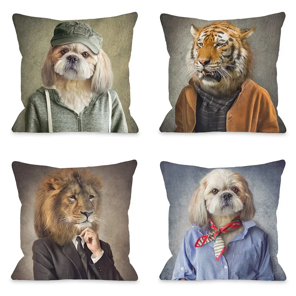 Sofa Decorative Cushion Pillow Coreless Nordic  Cat Dog Lion Tiger Bear Animal Portrait Print Pillowcase