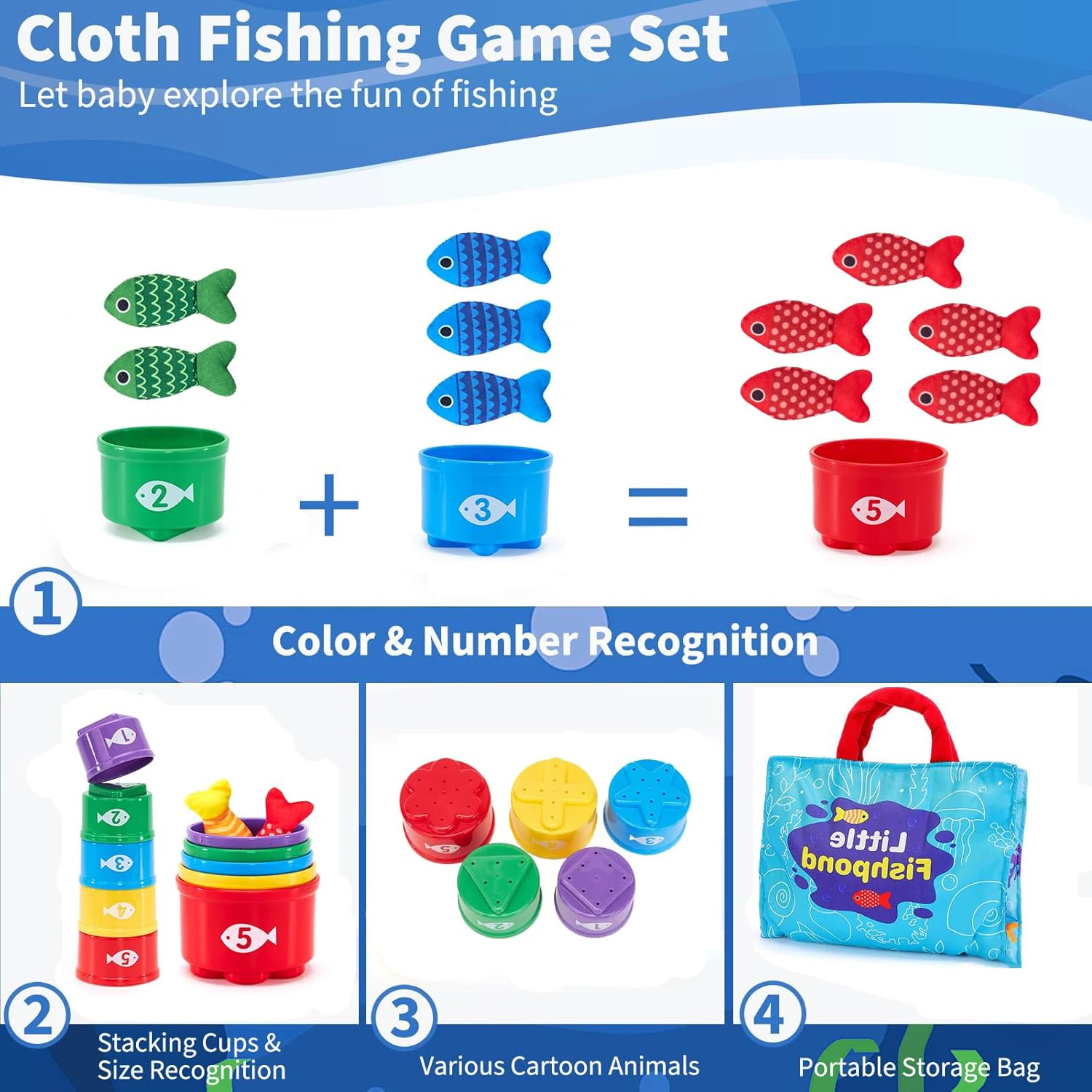 Montessori ของเล่นสําหรับเด็กวัยหัดเดินผ้าตกปลาเกมการศึกษาการเรียนรู้ของเล่นซ้อนถ้วยนับจํานวนการเรียงลําดับสีของเล่น