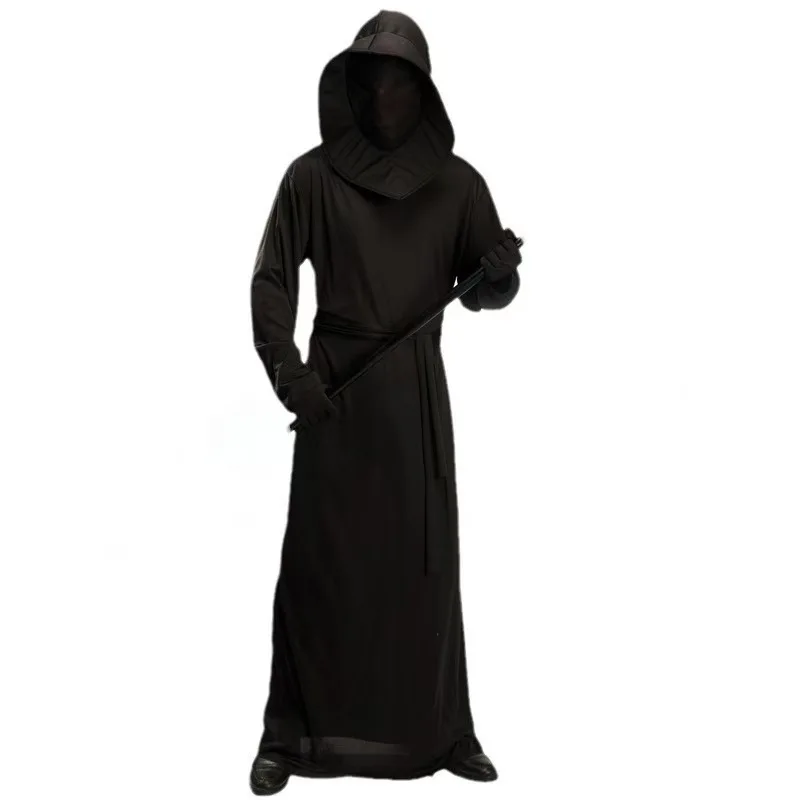 Grim Reaper Cosplay-Kostüm, Unisex, Karneval, schwarze Teufelskleidung, Purim-Party, Geister-Halloween-Robe mit Kapuze, Gürtel, Handschuhen, Outfit – Detail 4