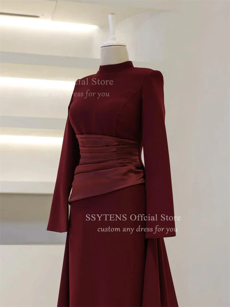 SSYTENS Elegant Burgundy Prom Dresses High-Neck Long Sleeves Mermaid Evening Dresses Muslim Satin Formal Gowns Dubai Customized