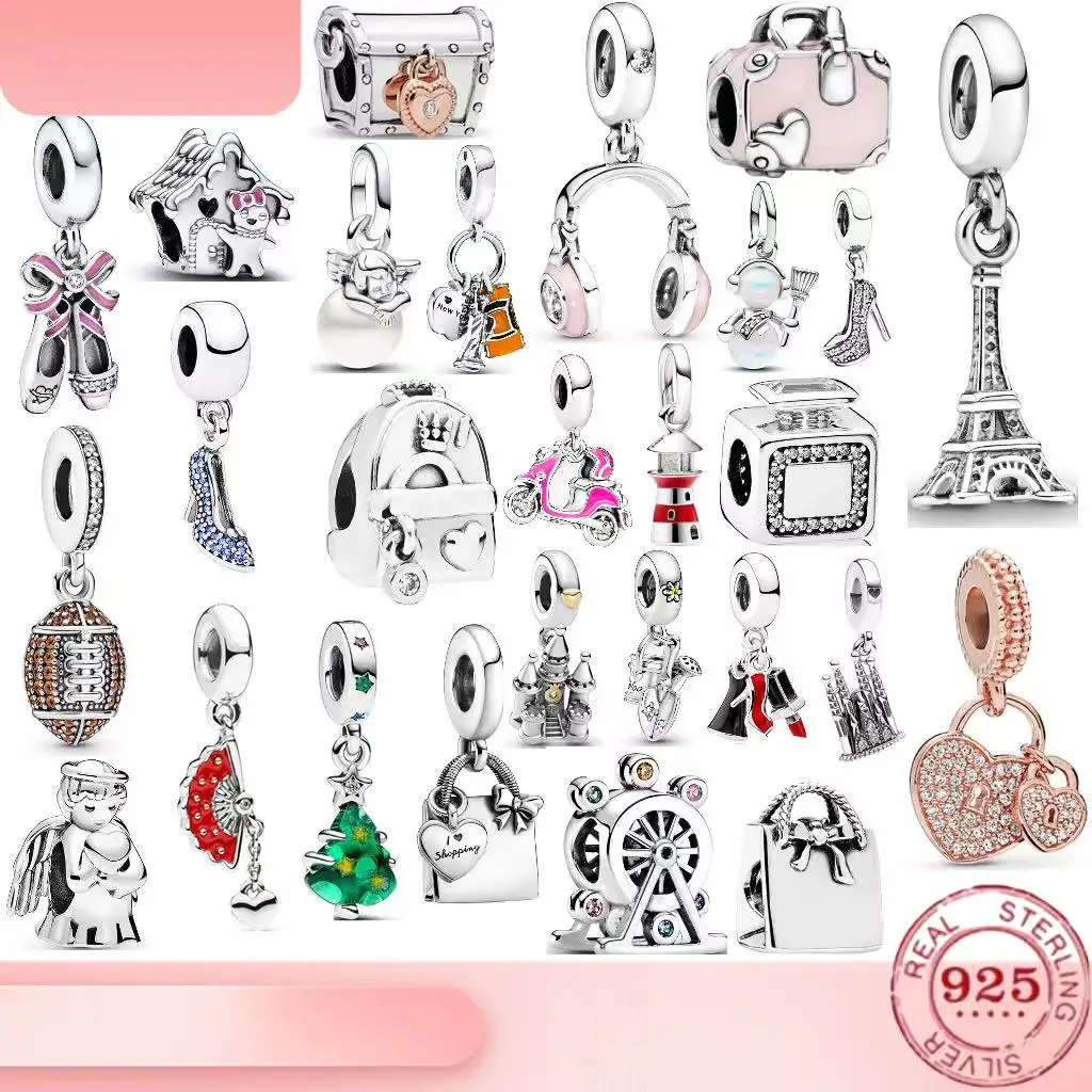 Christmas Gift 925 Pure Silver Charm Pink Bag Angel Rugby Angel Earphones Tree Bead for Women DIY Bracelet Jewelry Accessories