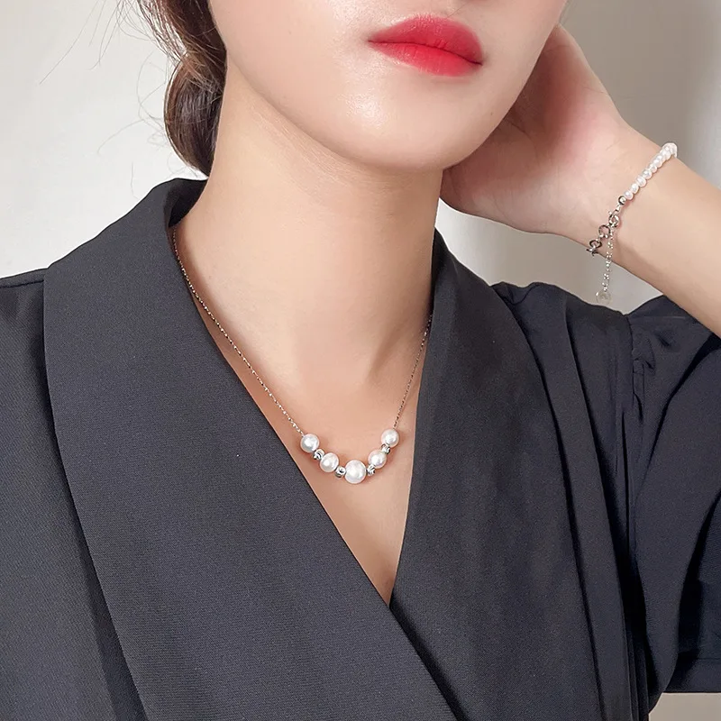 New S925 Silver Freshwater Pearl Ultra Fine Necklace Clavicle Chain French Design Round Bead Neck Chain Wedding Jewelry