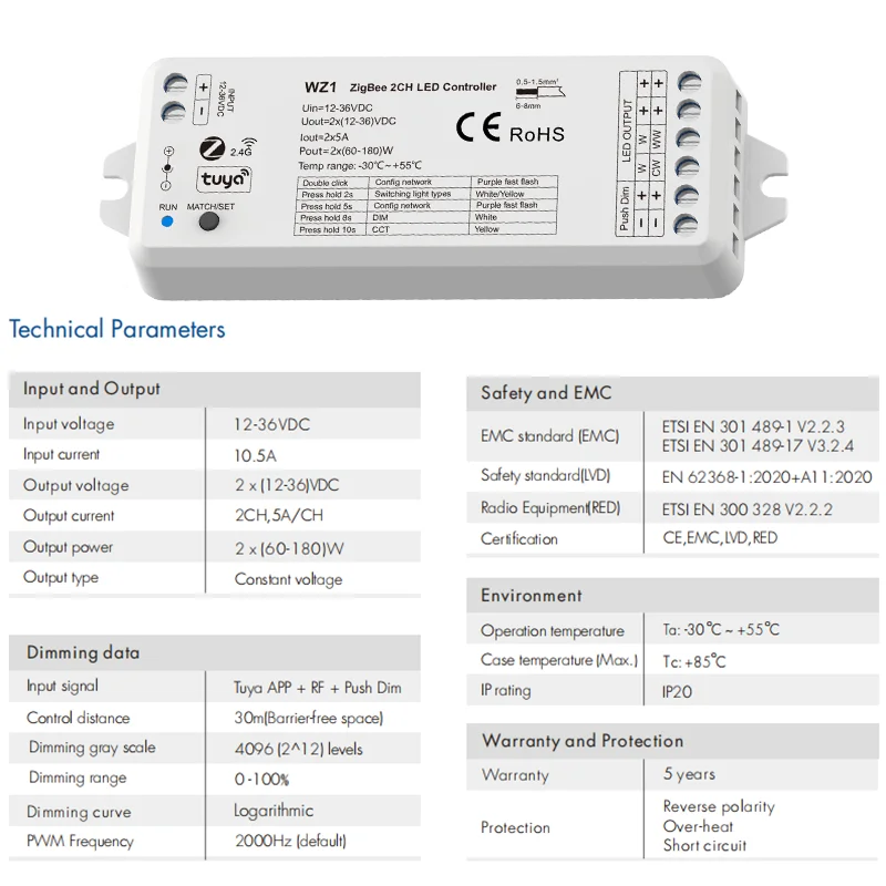 ZigBee Tuya 무선 RF 조광기 LED 컨트롤러, WZ1, 2CH * 5A, DC 12-24V, 36V, 단색 색상 온도 LED 스트립 조명 램프