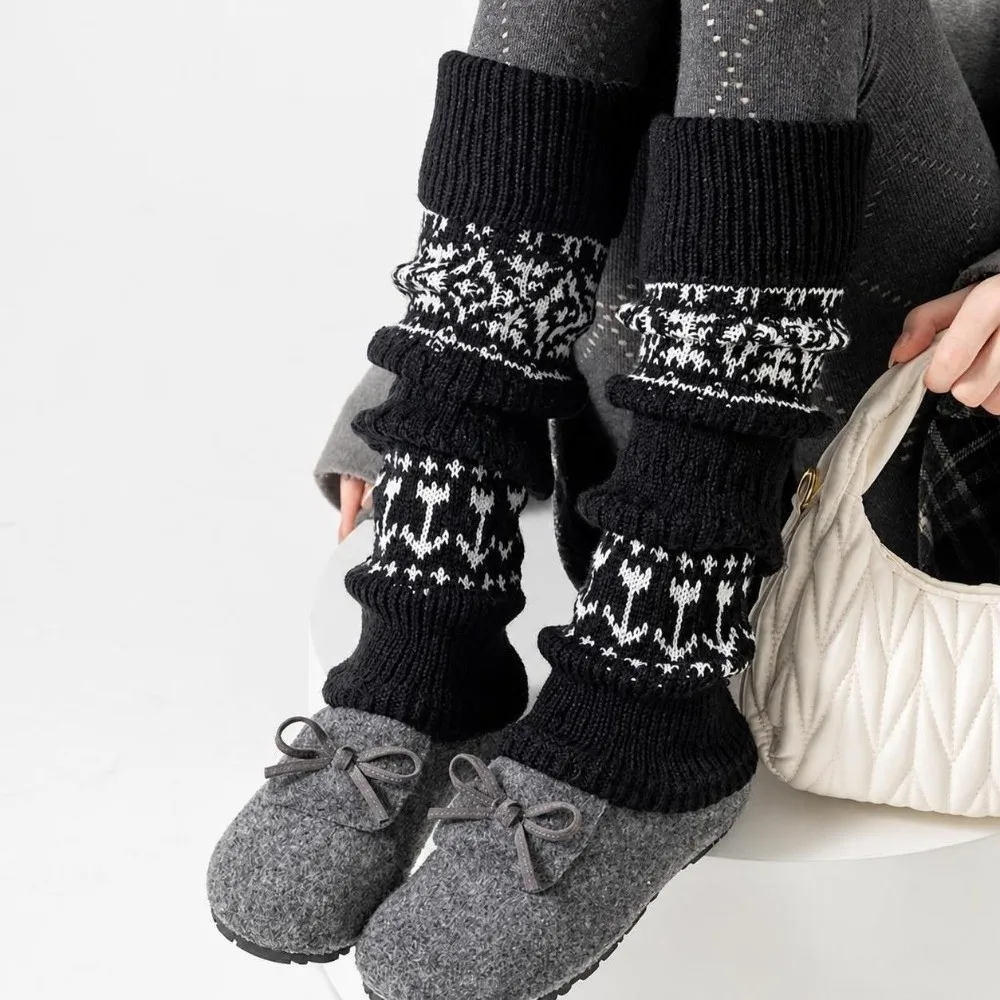 Vintage Fair Isle Style Slouch Leg Warmers Thick Fleece Cashmere Blend Calf Socks Stretchy Fabric Leg Cuffs Snow Boot Match