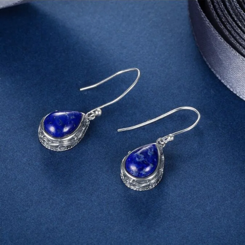 Silver Color Wedding Engagement Jewelry Water Drop Earrings for Women Natural Lapis Lazuli Earrings