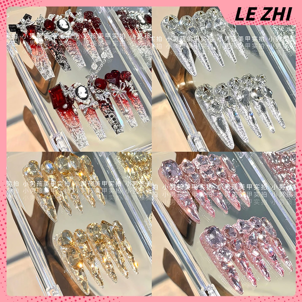 

High-End Luxury Handmade Long Coffin Stilettos Press On Nails Colorful Shining Rhinestone Bowknot Butterfly Pearl Fake Nails