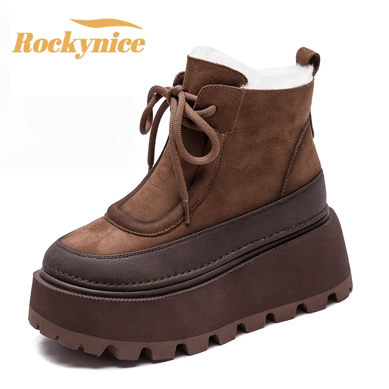 

6.5CM Heels Genuine Leather Snow Boots High Platform Warm Winter Ankle Boots New Women Natural Wool Fur Booties Thick Sole Shoes