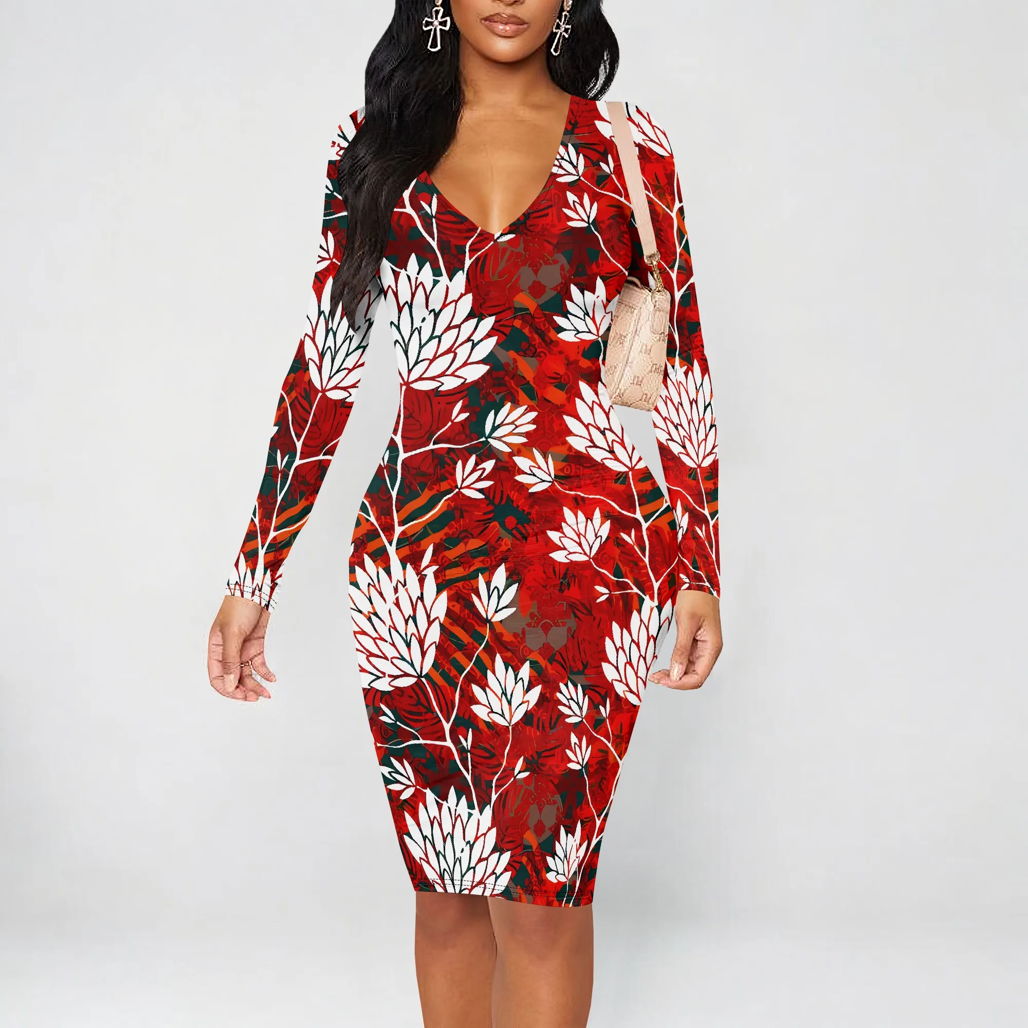 

Nupusa Leaf Print Dress for Women Regular Size Summer Casual V - Neck Long Sleeve Midi Dress
