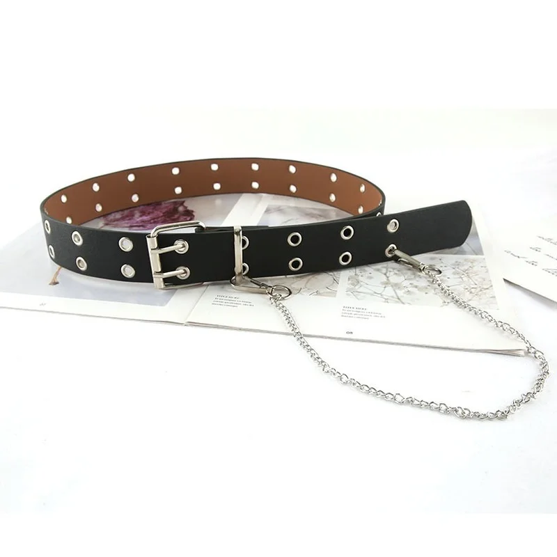 Hot Selling Punk Style Double Exhaust Eye Ladies Belt Korean Version Jeans Fashion Chain Decoration Eyelet Belt Trendy