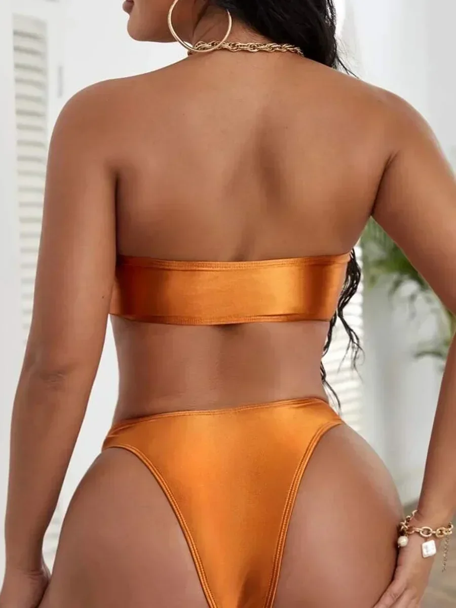 Shiny Bandeau Bikinis 2025 Strapless Bikini Female Swimsuit Women Swimwear Two-pieces Bikini Set High Cut Bathing Suit Swim Lady