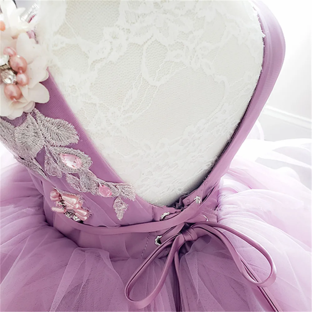 Pink Girl Princess Dress Lace Puffy Flower Girl Dresses Sleeve Cute Girl Birthday Dress Wedding Party Dress Baby Dress