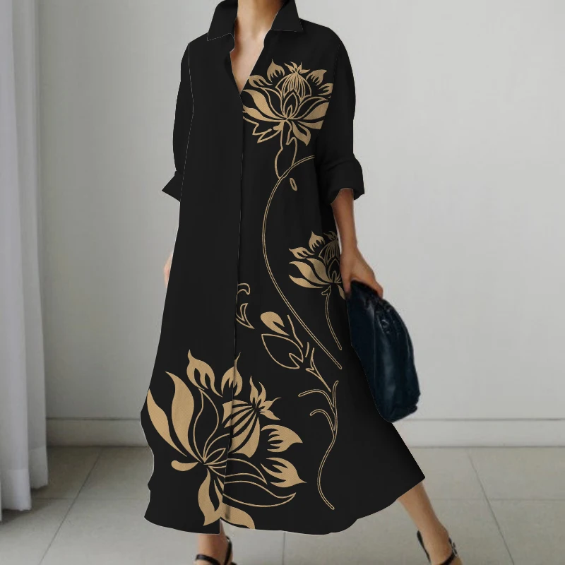 Casual Long Oversized Loose Long Sleeve Shirt Dresses Women\'s Elegant Repeatable V Neck Holiday Dresses 2023 Autumn