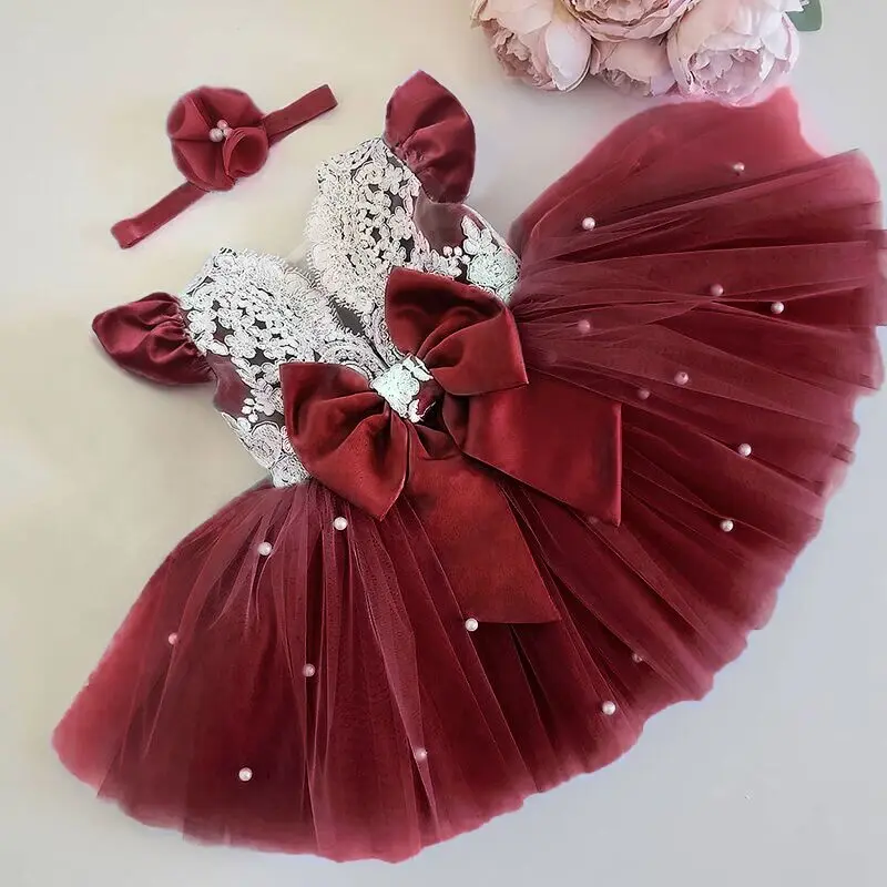 Baby Girls Dress for Wedding Party 1st Birthday Pink Princess Dress Kid Bridesmaids 1-5Y Cute Infant Girls Vestidos Elegant Gown