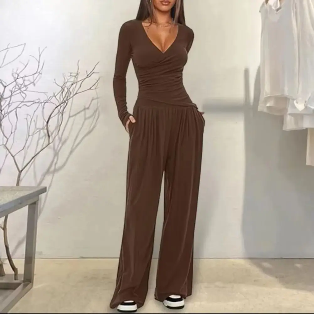 2025 Women Two Piece Set Autumn Trendy Women's 2 Piece Lounge Sets V Neck Long Sleeve Top And Wide Leg Pants Set Casual Outfits