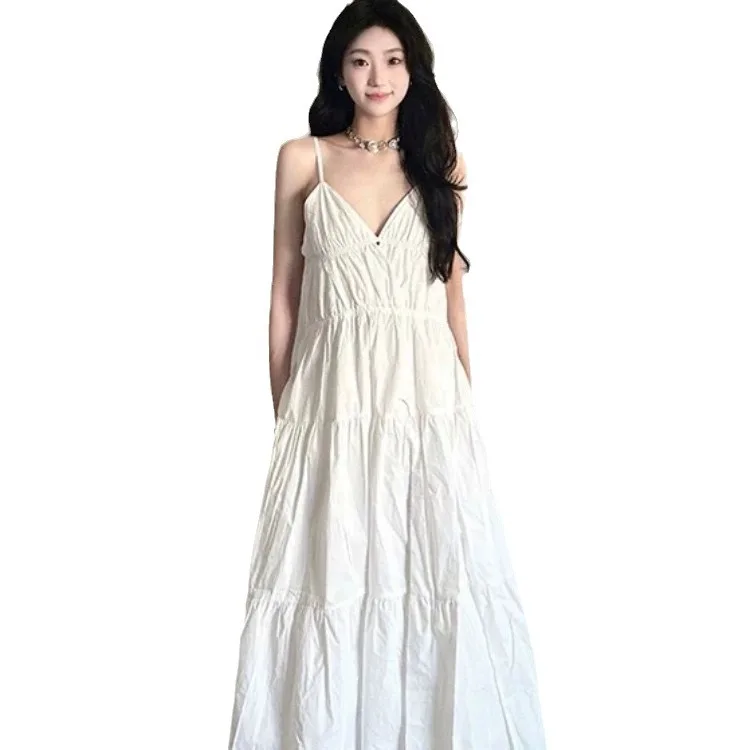 Weißer Feenrock, Trägerrock, Urlaubskleid am Meer, Damen-Look, dünner Sommerrock, kleiner Stil, langes Kleid