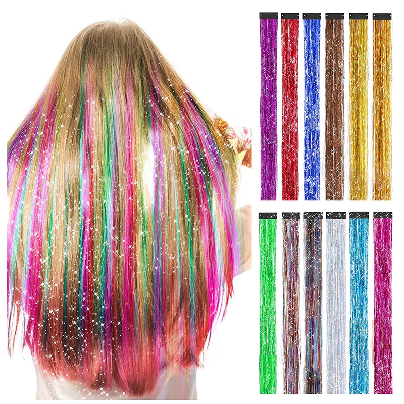 

12 pieces of laser gold wire shiny ribbon straight hair extension pieces for women