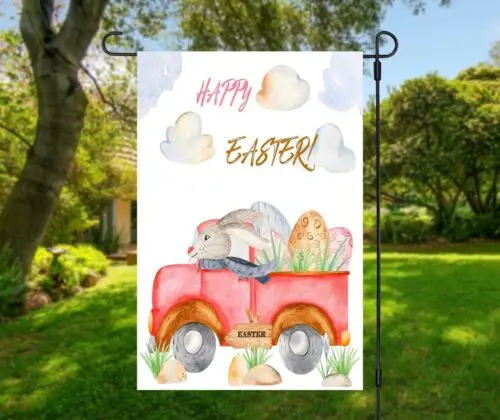 Happy Easter Garden Flag Double Sided Bunny Rabbit Delivering Eggs Truck 12 x 18