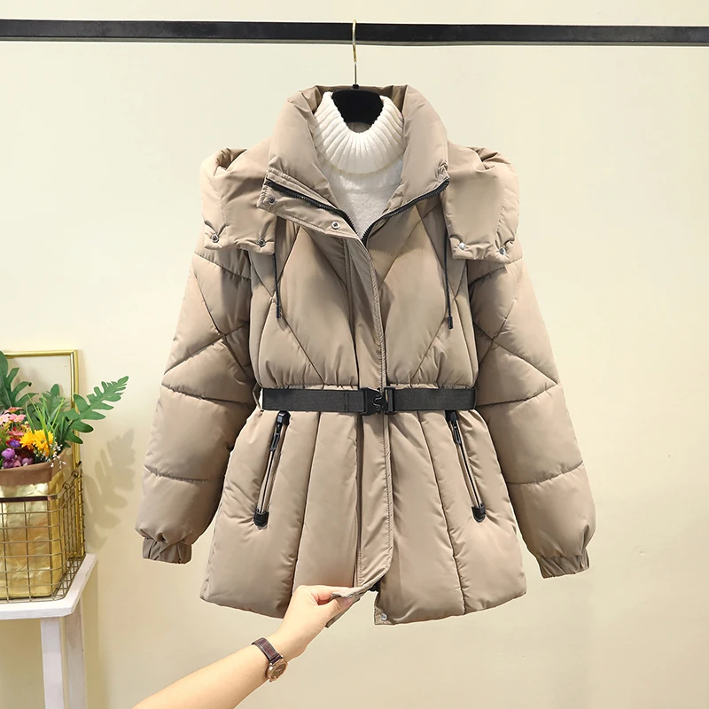 Jaket Wanita Musim Dingin Thiened Down Cotton dengan Topi yang Dapat Dilepas dan Sabuk Pinggang, Gaya Korea, Slim Fit, Panjang, Resleting