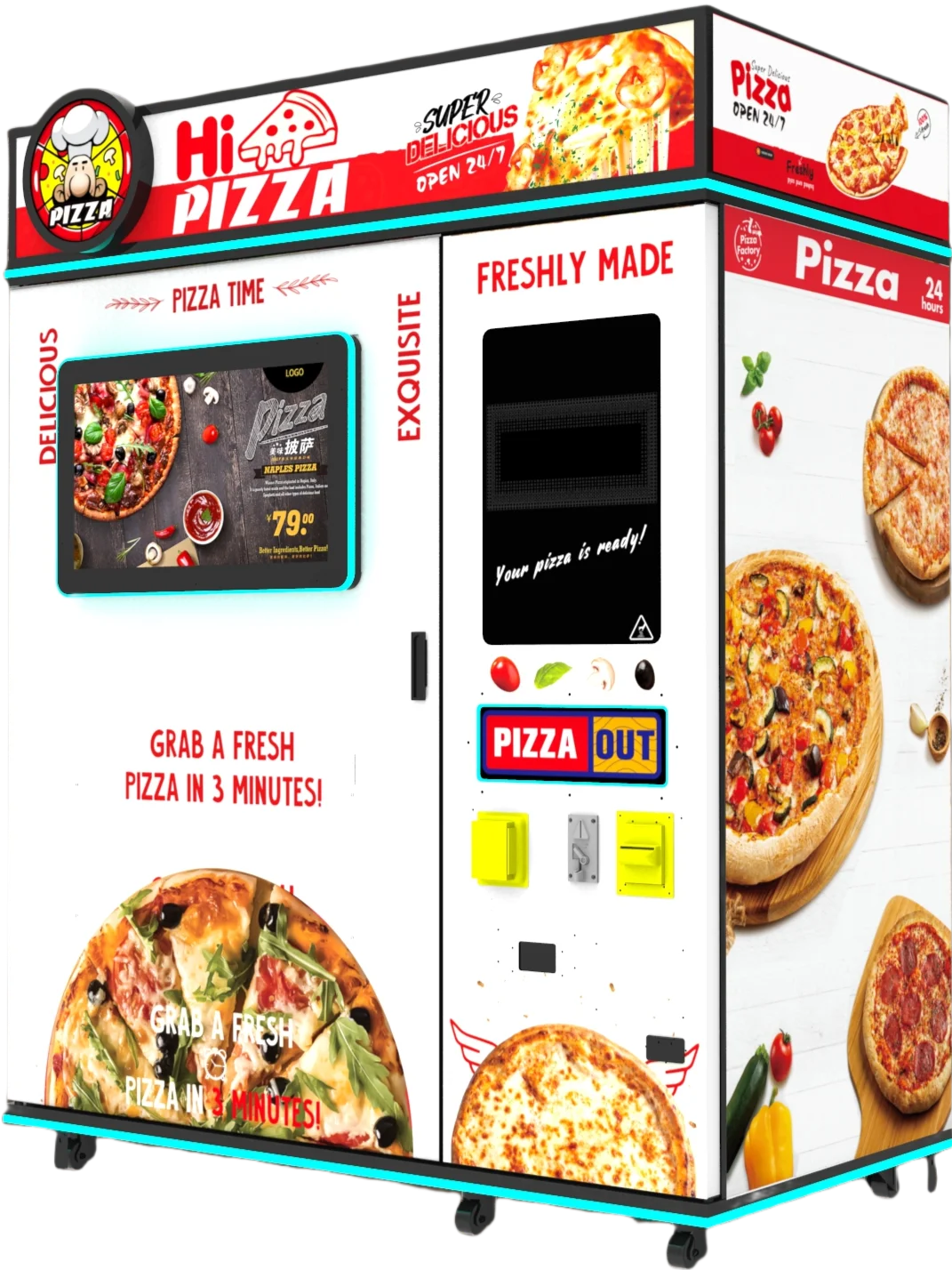 Customized Outdoor Commercial Pizza Vending Machine Fully Automatic 69-Pizza Capacity Touchscreen 55inch Cloud-Based Management