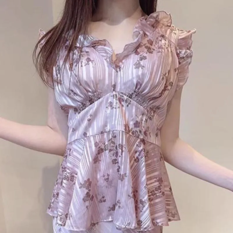 

Blusas Mujer с v-образным вырезом и оборками на шнуровке, рубашки и блузки с японским принтом, туника, женская одежда, майки без рукавов, новинка весны 2024, Ropa