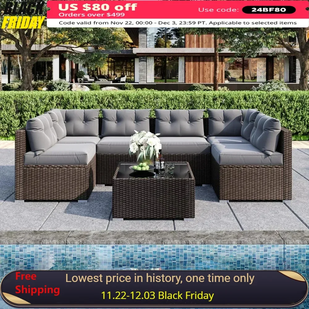 

7 Pieces Patio Sofa Set Outdoor Furniture Sectional All-Weather Wicker Rattan Sofas with Back Cushions, 7 PieceSofa