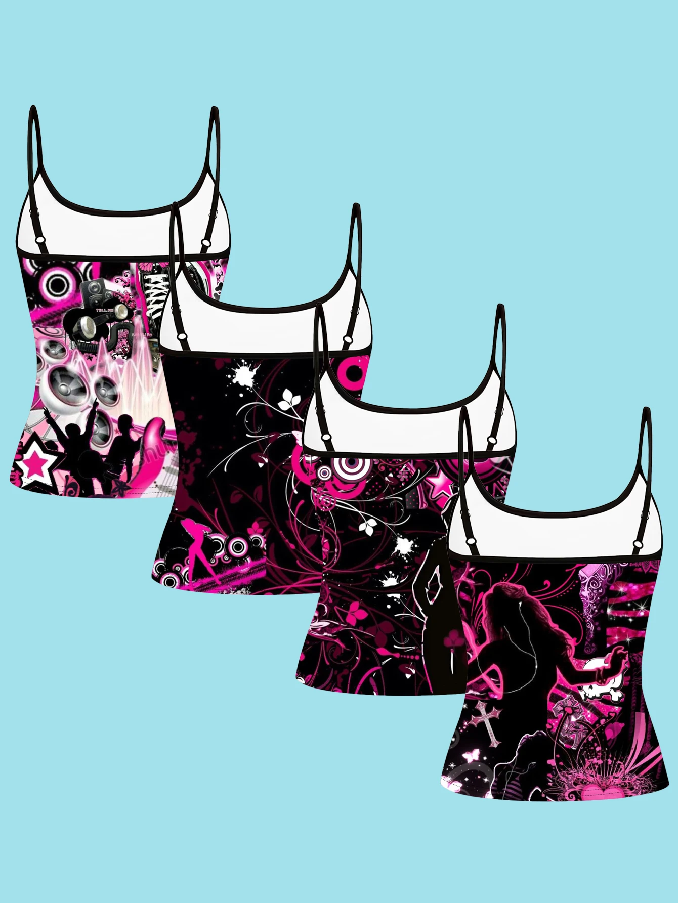 4-Piece Set of Black and Pink Y2K Rock Style Printed Camisoles for Women, Featuring Audio Silhouette Punk Slim-Fit Spaghetti Strap Tops