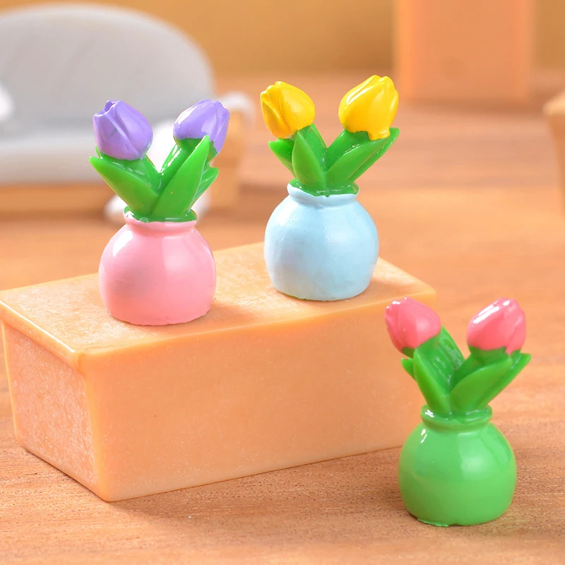 3Pcs 1:12 Dollhouse Miniature Tulip Potted Plant Flower Pot Bonsai Garden Home Model Decor Toy Doll House Accessories