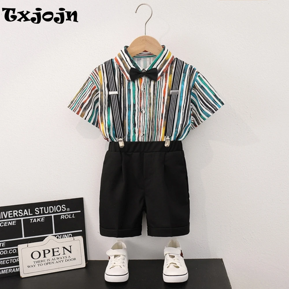 

High Quality Boys Printed Shirt Pants With Straps Bow-tie 4 Pieces Piano Contest Performance Wear Srylish Kids Overalls Sets