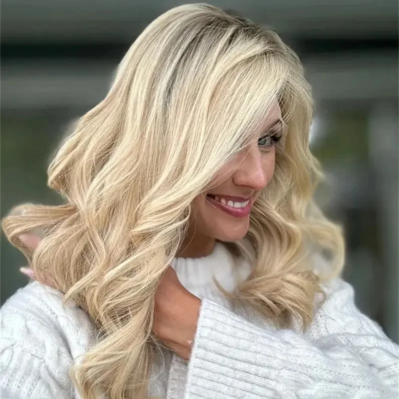 18インチ ショルダーハイライト ボディウェーブ 合成ウィッグ 女性用 オンブルライトブロンド 13x4 HD 透明レースフロントウィッグ 女の子へのギフト