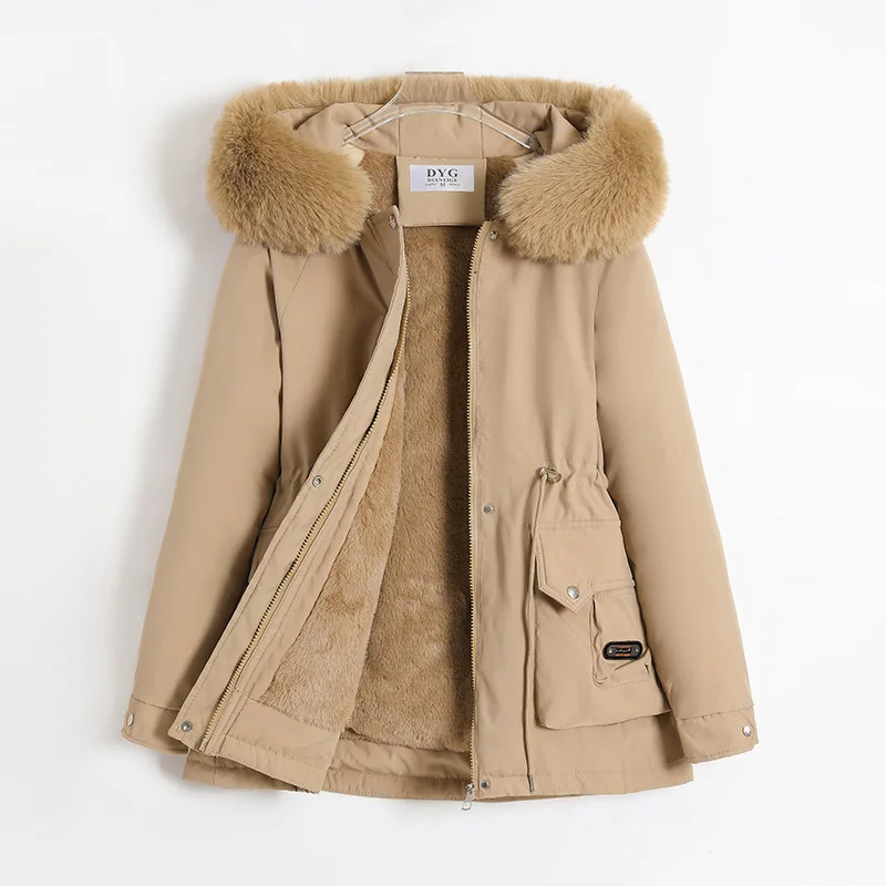 

Fall Winter Loose Large Fur Collar Thick Hooded Coat Waist Drawstring Slim Fit Pockets Parkas Women's Fashion Warm Cotton Jacket