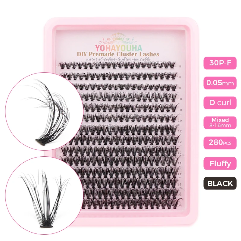 Abestyou Große Box 280 Stück Mattschwarze Natürliche Lange Cluster-Wimpern D-Curl Flauschige DIY-Wimpern-Set Gemischte Längen Wimpern-Trays