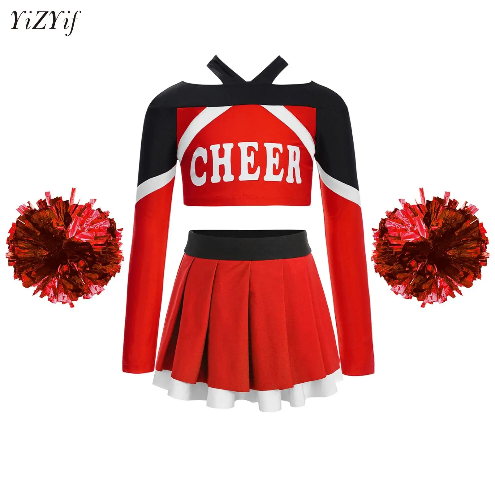 

Girls Cheerleading Outfits Halloween Fancy Dress Cheer Leader Costume Long Sleeve Dance Crop Top+Skirt+Flower Balls Dancewear