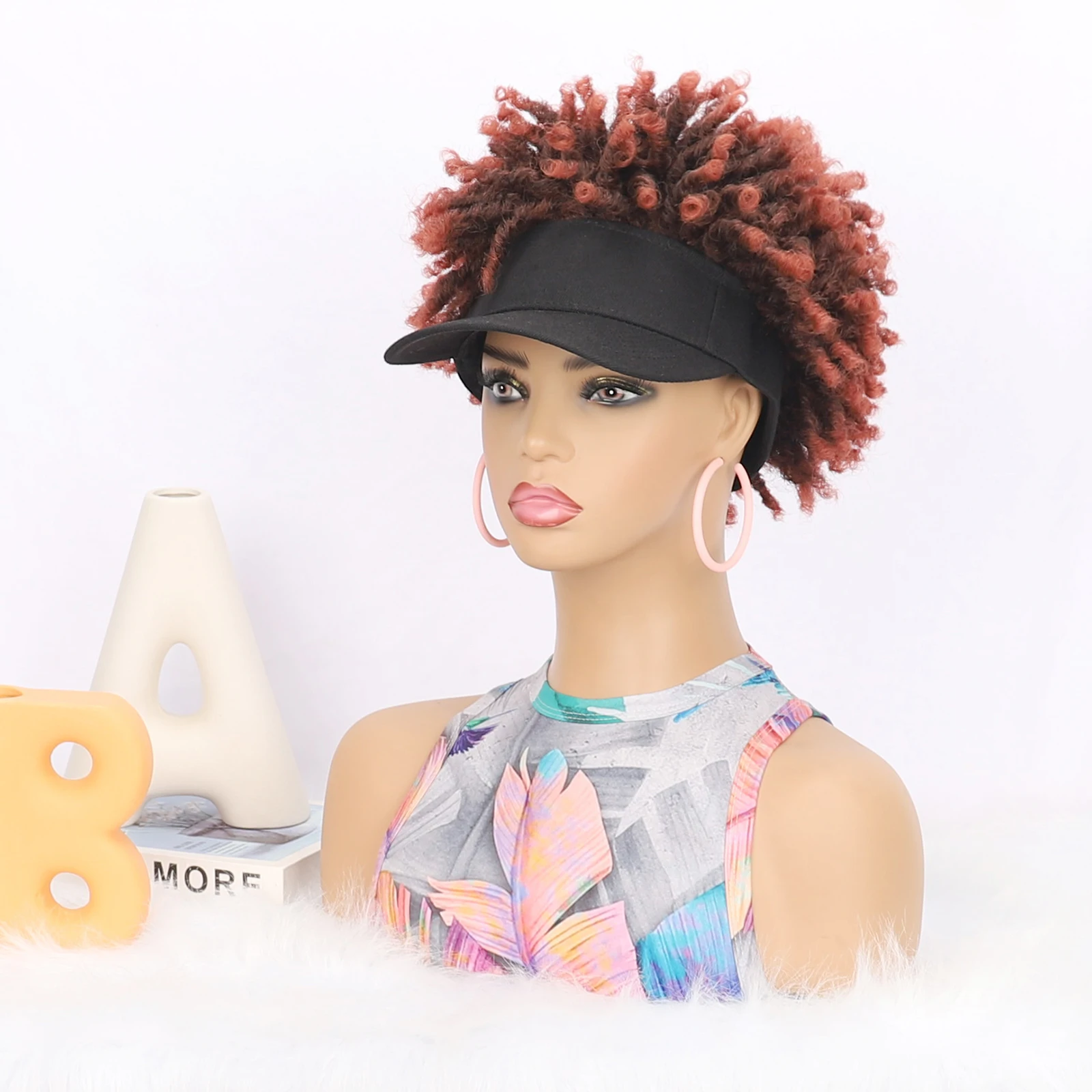 Hat Wigs Short Afro Kinky Hair with Black Baseball Cap Attached - Synthetic Hair Afro Puff Kinky Curly Hair Wig For Women