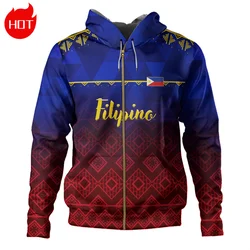 Vintage 3D Printing Polynesian Philippines Coat Of Arms Zip Up Hoodies Philippines Tribal Tattoo Graphic Mens Sweatshirts Hoodie