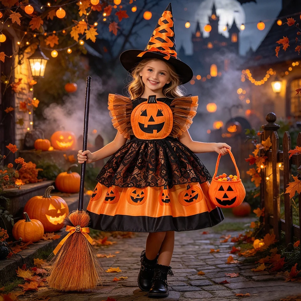 Toddler Girl Orange Lace Witch Dress Disguised Kids Halloween Cosplay Masquerade Pumpkin Witch Costume Fancy Infants Baby Outfit