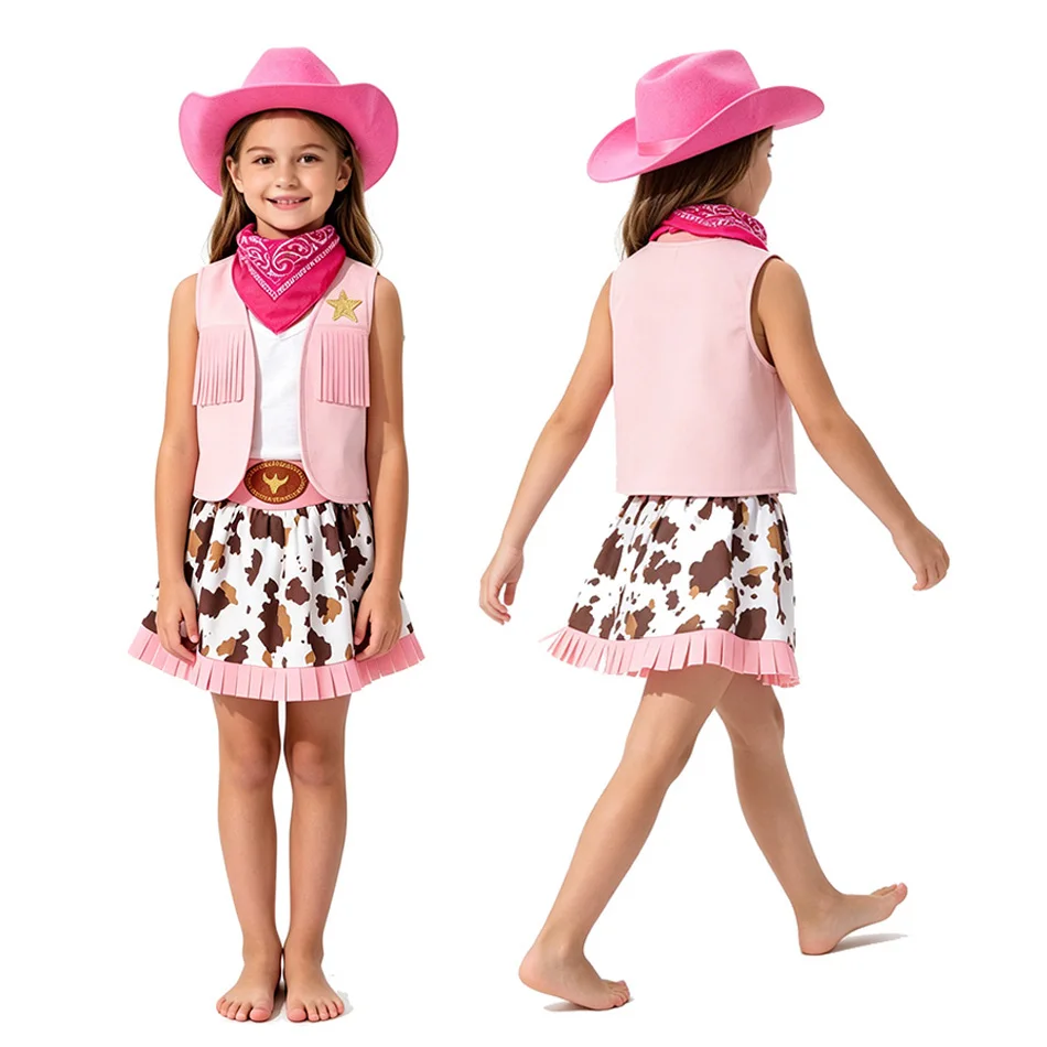 Pink Cowgirl Costume for Kids 4Pcs Western Outfit with Star Vest Bandana Hat Cow Print Skirt for Halloween Carnival Dress Up