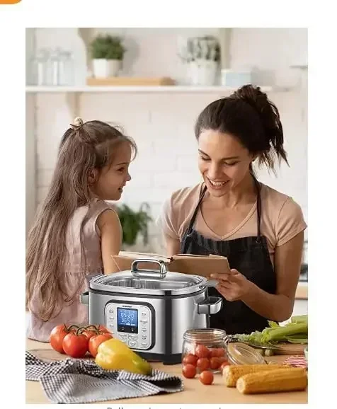 Slow Cooker, HOUSNAT 10 in 1 Programmable Cooker, 6Qt Stainless Steel, Rice Cooker, Yogurt Maker, Delay Start, Steaming Rack and