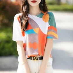 Spring Summer New Women's Round Neck Fashion Printing Mulberry Silk Knitted Sweater Loose Short Sleeve Bottoming Shirt T-shirt