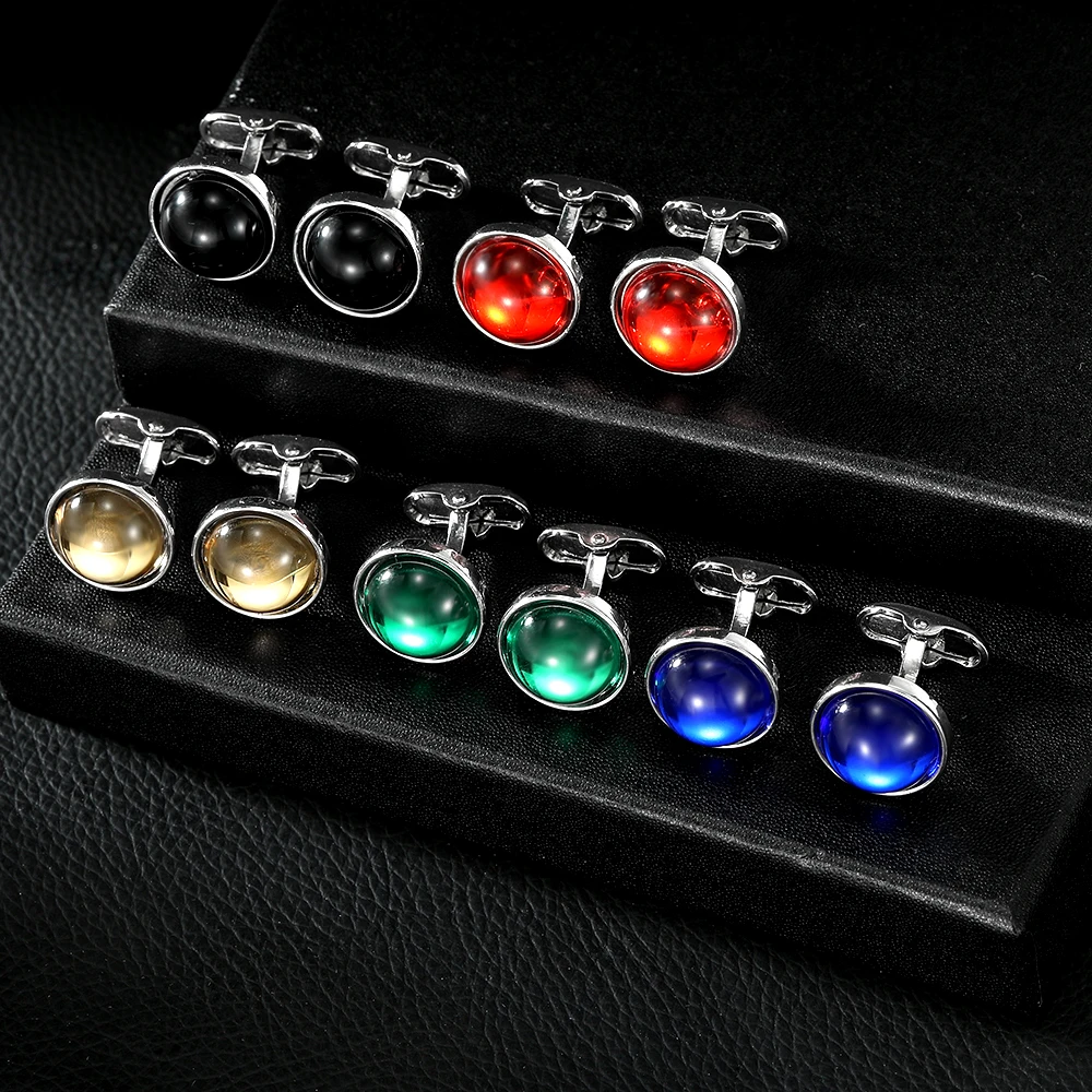 Mens Red Green Blue Black Brown Colors Cabochon Glass Round Cufflinks Unique Whale Back Closure Time Gem Cuff Button