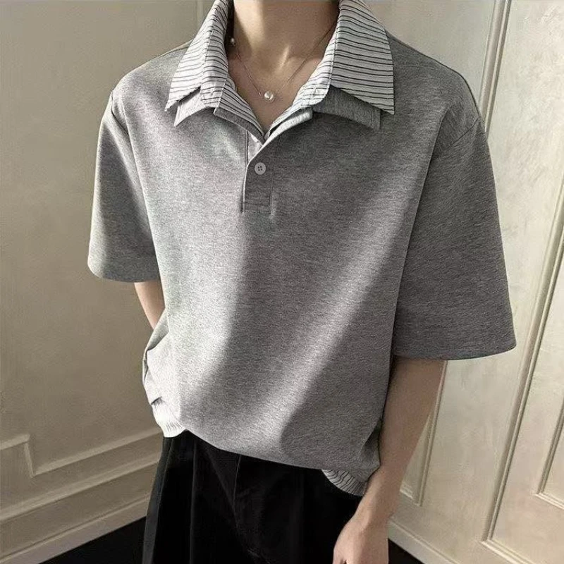 

Grey Striped Patchwork Polo Shirt Men's Fake Two-piece T-shirt Summer New Loose Top