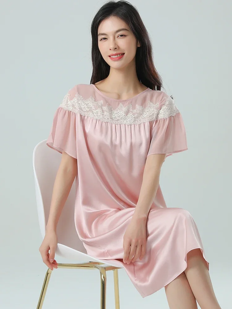 22MM 100% Mulberry Silk Pink Nightdress Chemise Romantic Lace Nightgown Loose Homewear Short-sleeved Midi Sleeping Dress Nighty